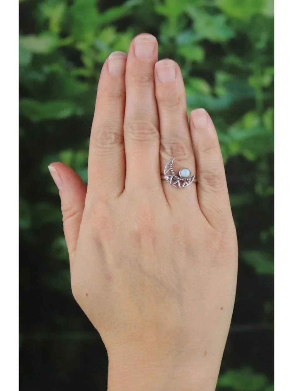 Sterling Silver Larimar Blue Dolphin Stone Crescent Moon Ring Size 6 - Picture 2 of 8